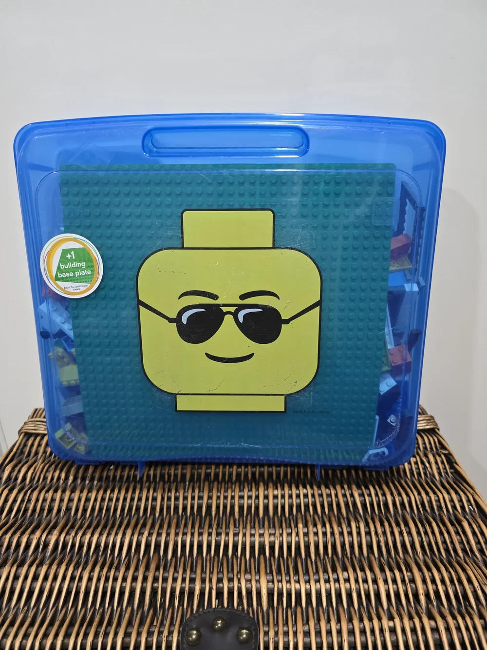 Lego Blue Carrying Case with Green Baseplate and Yellow Face Plate W/ Misc Legos